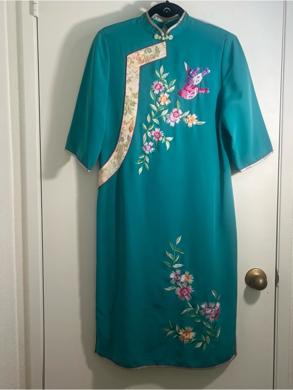 Qipao Long Dress Green Teal Floral Bird Design Cheongsam Mandarin Neck Sz Large